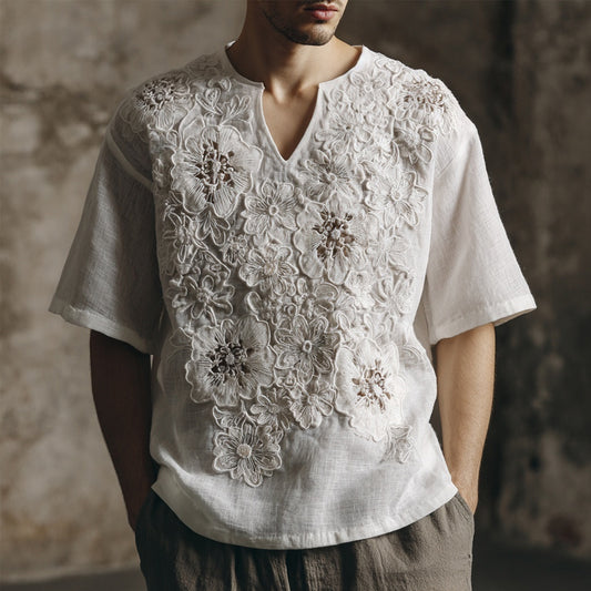 Men's Floral Lace Embroidered Cozy Linen Shirt elevenforest
