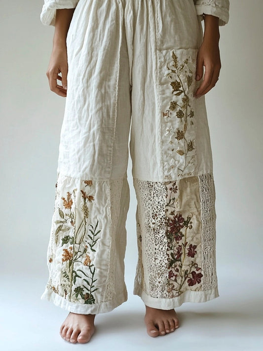 Floral Embroidery Lace Patchwork Women's Linen Pants elevenforest