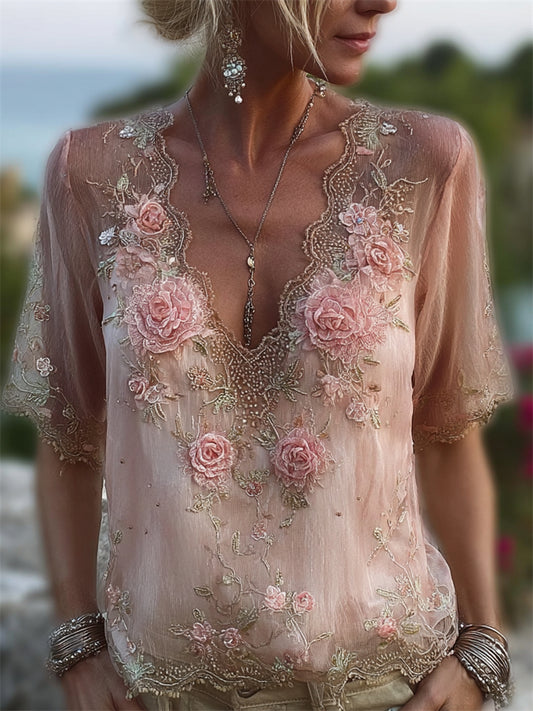 Boho Roses Embroidered Hollow Lace Flowy Linen Tunic elevenforest