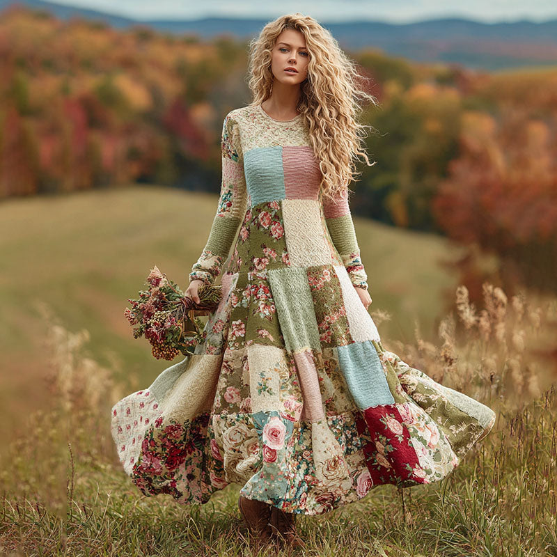 Women's Vintage Floral Patchwork Art Cozy Knit Maxi Sweater Dress artswardrobe
