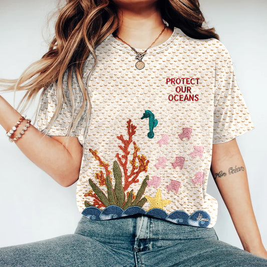 Comstylish Respect The Locals Underwater World Embroidered Ladies T-shirt