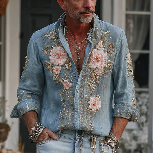 Men's Vintage Rose Floral Embroidered Comfort Linen Shirt elevenforest