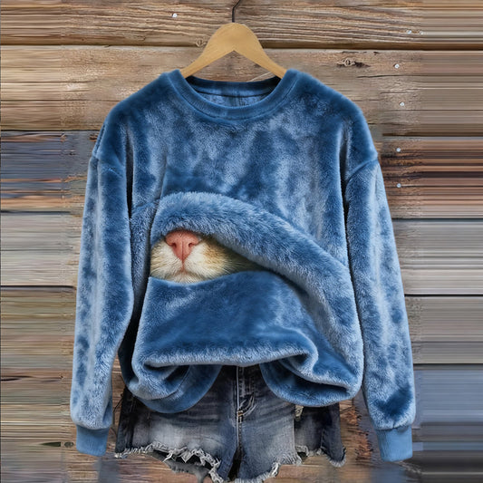 Lovely Cat Pattern Round Neck Cozy Plush Sweatshirt elevenforest