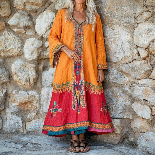 Women's Flower Embroidery Ethnic Print V-neck Loose Midi Dress elevenforest