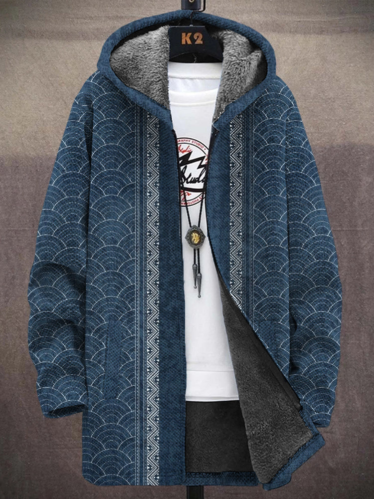 Men's Vintage Japanese Sashiko Pattern Cozy Hooded Coat elevenforest