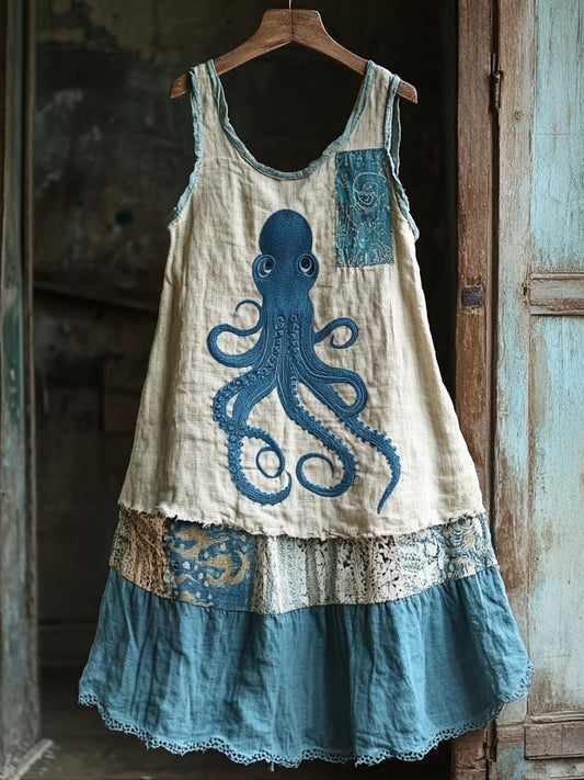 Octopus Embroidered Patchwork Art Linen Blend Dress elevenforest