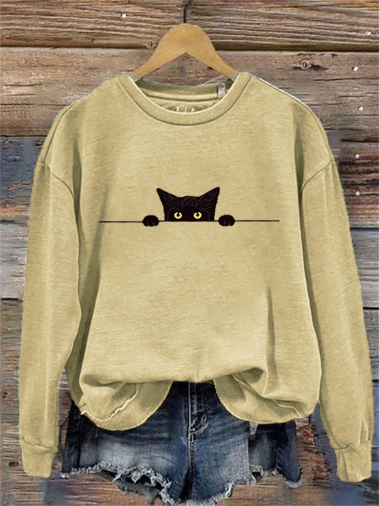 Women's Casual Funny Black Cat Print Sweatshirt elevenforest