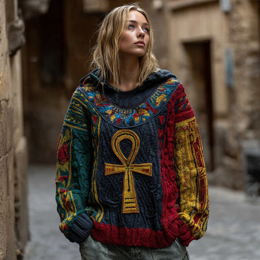 Comstylish Women's Vintage Ancient Egyptian Ankh Art Contrast Knit Hooded Sweater