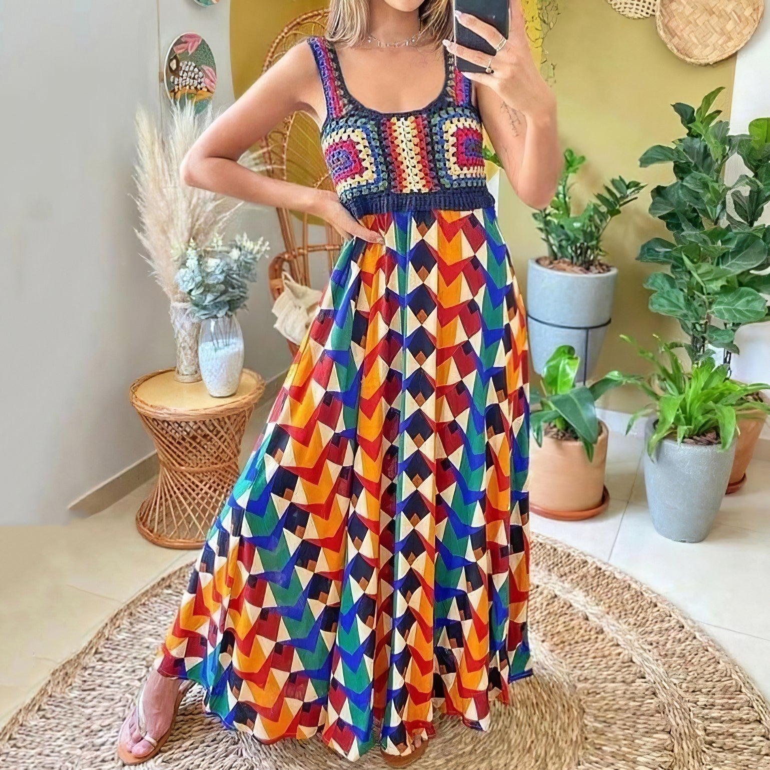 Bohemian Vacation Style Crochet Spliced ​​geometric Printed Maxi Dress elevenforest