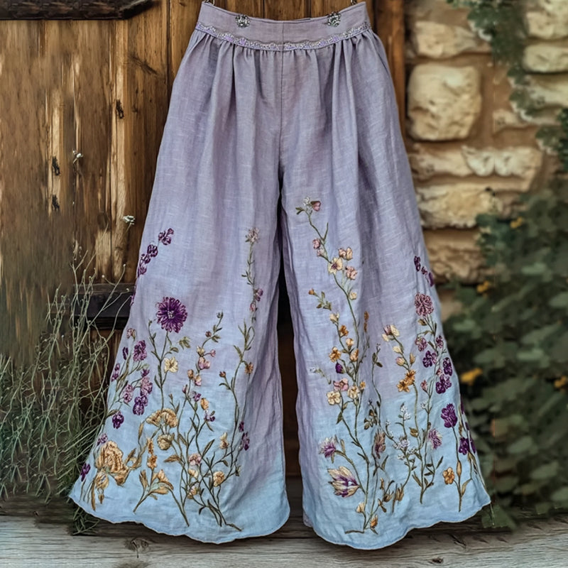 Vintage Purple Floral Embroidered Art Casual Linen Pants elevenforest