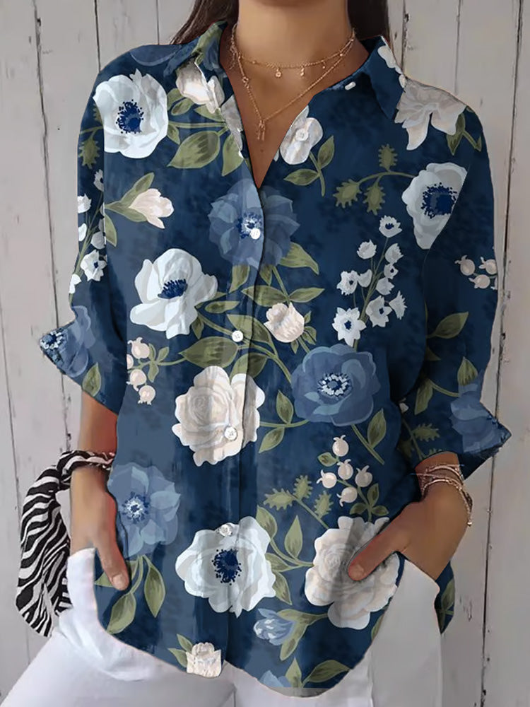 Women's Vintage Floral Print Casual Lapel Shirt elevenforest