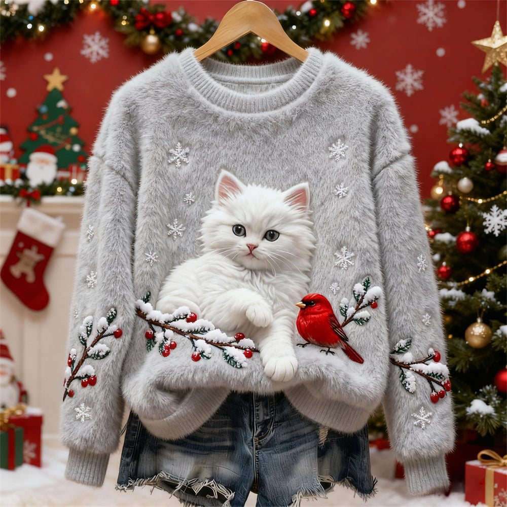 Christmas Cat & Bird Art Women's Flannel Sweater elevenforest