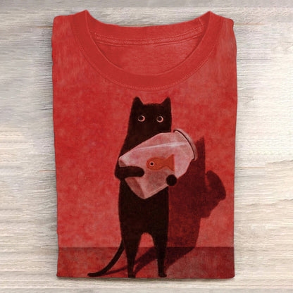 Cat Holding Goldfish Bowl Art Long Sleeve T-Shirt elevenforest