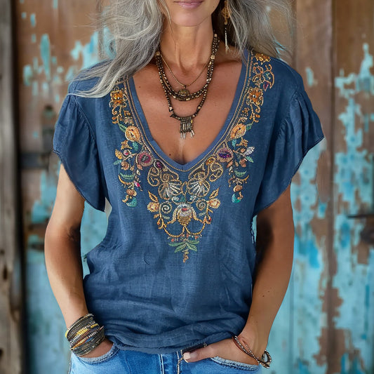 Vintage Bohemian Ethnic Floral Linen Art Print Short Sleeve V-neck Shirt elevenforest
