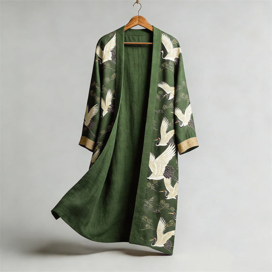 Japanese Cranes & Pine Trees Flowy Linen Long Kimono elevenforest
