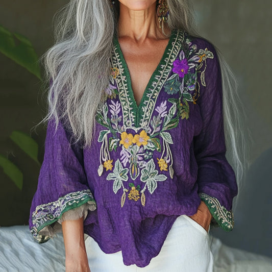 Vintage Floral Embroidery Linen Art V-neck Shirt elevenforest