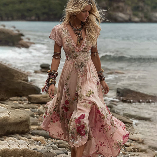 Vintage Boho Pink Roses Lace Flowy Linen Short Sleeve Maxi Dress elevenforest