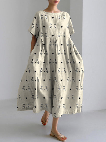 Cute Cat Face Printed Linen Blend Dress elevenforest