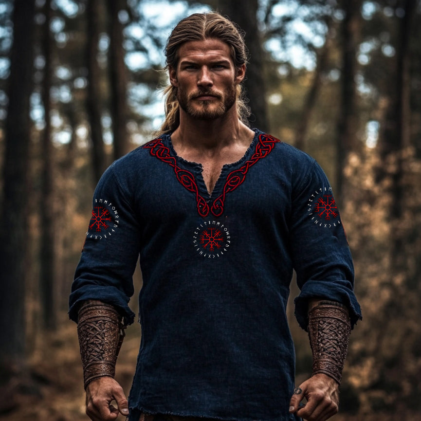 Men's Vintage Viking Symbol Linen V-neck Shirt elevenforest