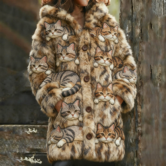 Leopard Print Cat Warm Flannel Hooded Long Cardigan elevenforest