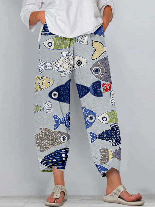 Vintage Fish Japanese Art Linen Blend Cropped Casual Pants elevenforest