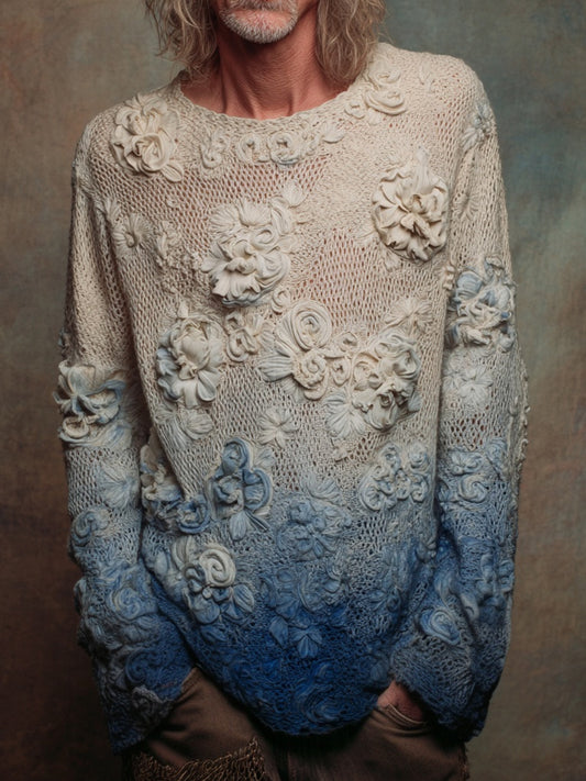 Men's Vintage Floral Crochet Embroidered Gradient Cozy Sweater elevenforest
