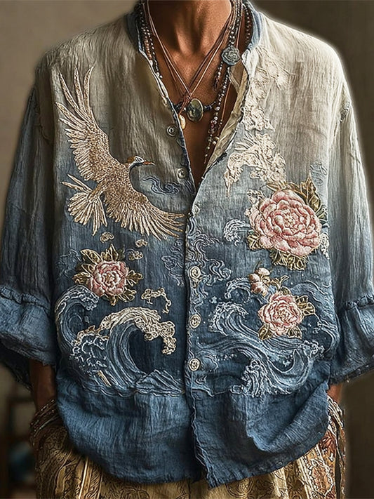 Vintage Japanese Bird & Flower Men's Linen Long Sleeve Shirt elevenforest