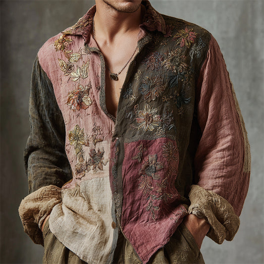 Men's Vintage Boho Floral Embroidered Colorblock Linen Shirt elevenforest