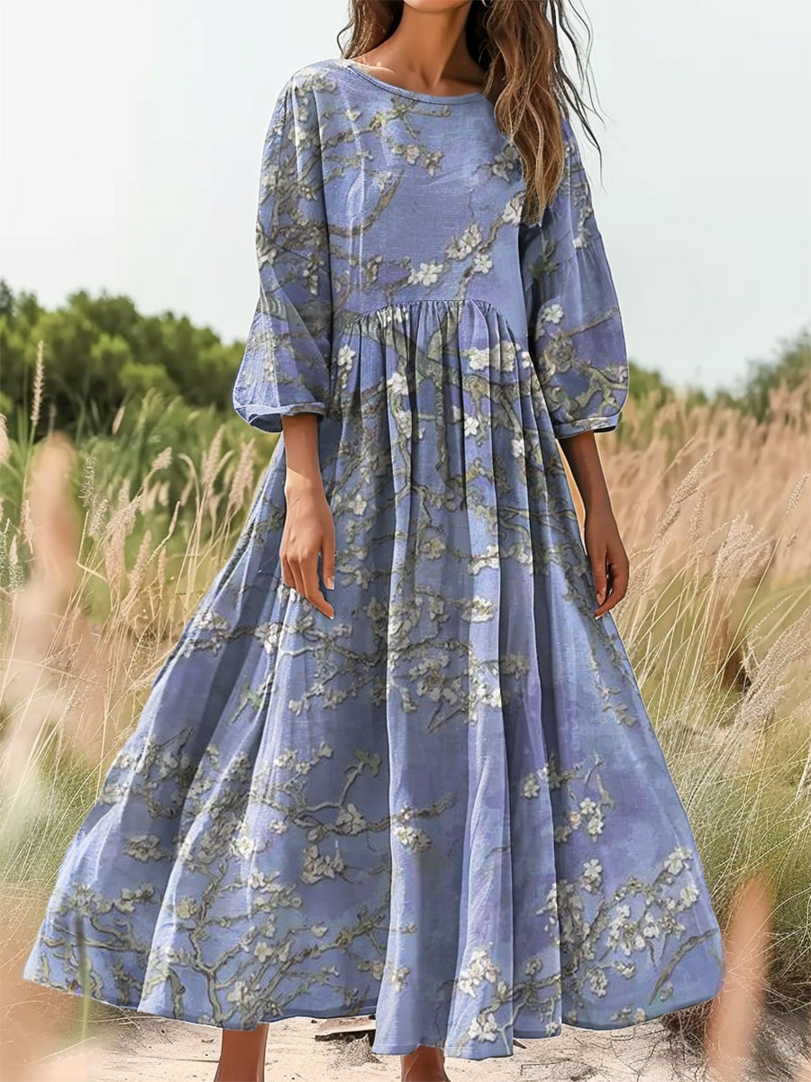 Women's Folk Art Floral Print Flowy Cotton Crew Neck Dress