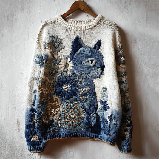 Vintage Cat Floral Embroidered Gradient Cozy Knit Sweater elevenforest