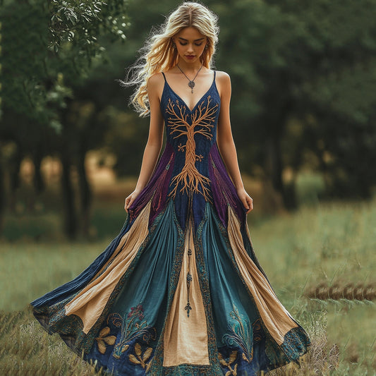 Viking Tree Of Life Patchwork Suspender Maxi Dress elevenforest