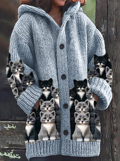 Crowded Cats Crochet Art Cozy Knit Hooded Cardigan elevenforest