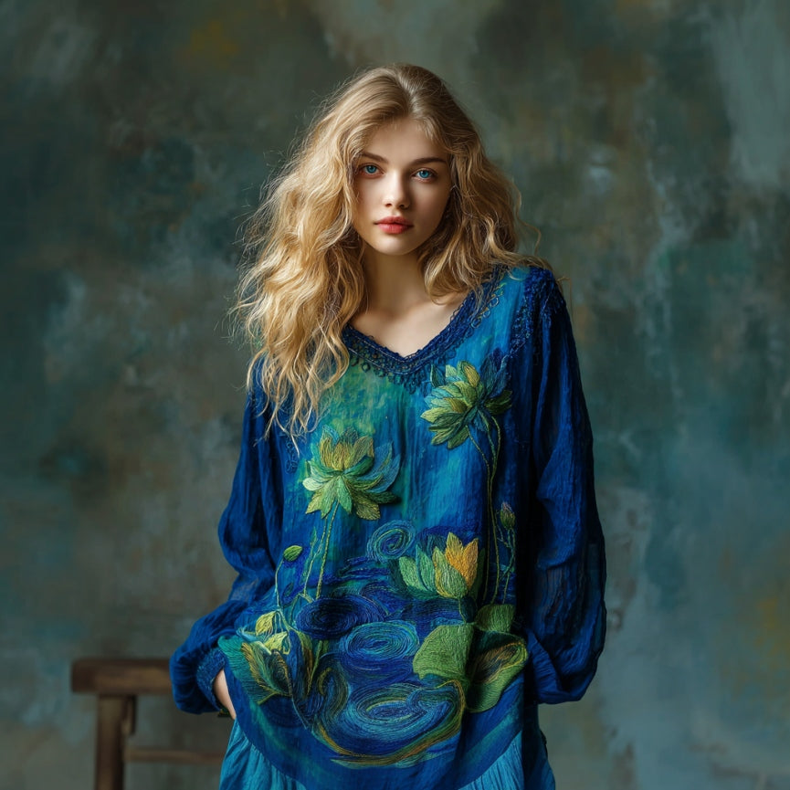 Women's Vintage Lotus Floral Landscape Art Embroidery V-neck T-shirt elevenforest