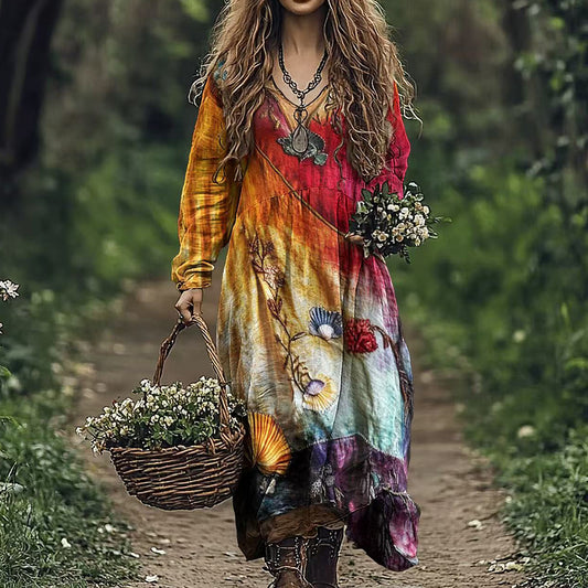 Women's Vintage Gradient Floral Patchwork V Neck Midi Dress elevenforest