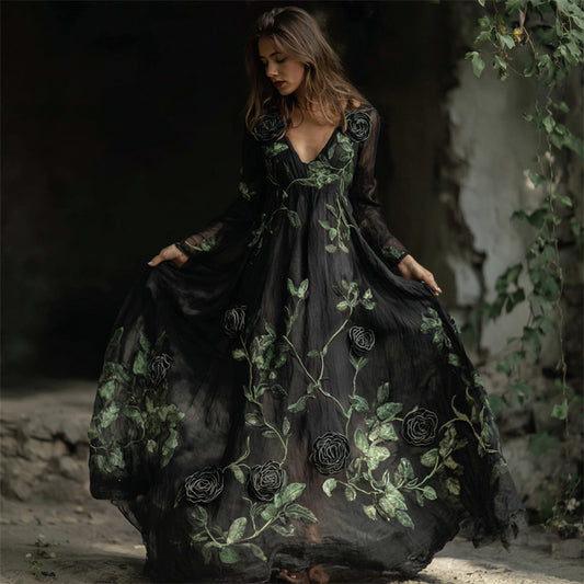 Vintage Gothic Black Roses Vines Fiber Art Flowy Maxi Dress elevenforest