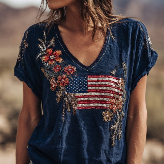 Independence Day Sequins Floral Embroidery Vintage Women's V-neck T-shirt elevenforest