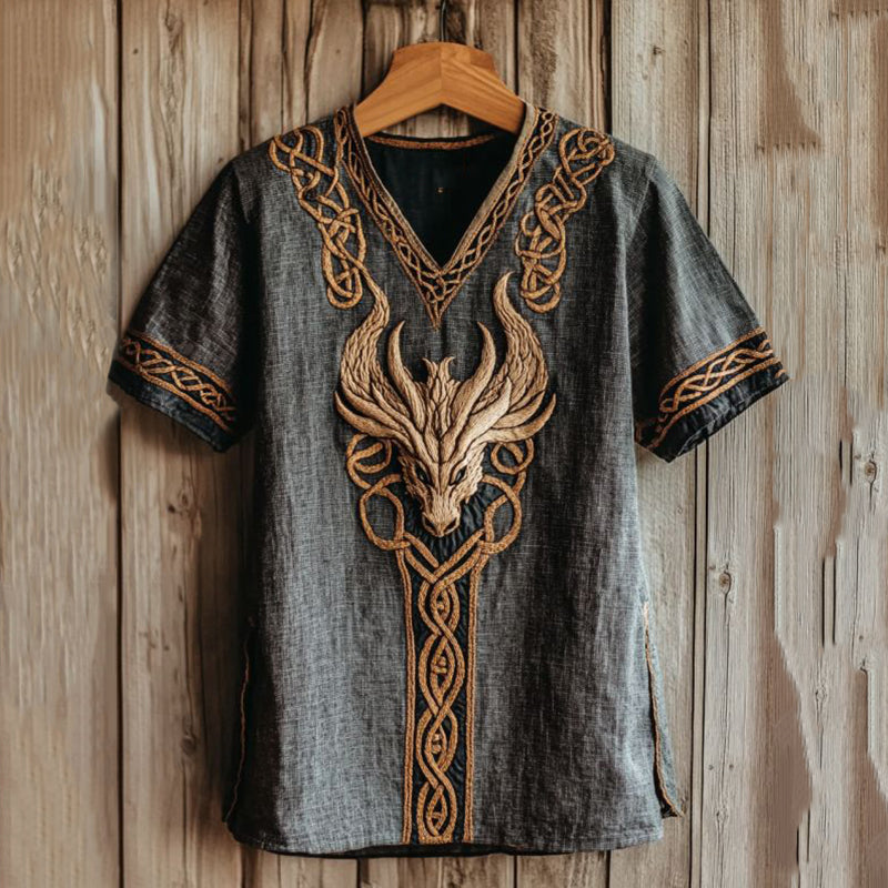 Men's Viking Dragon Embroidery Linen T Shirt elevenforest