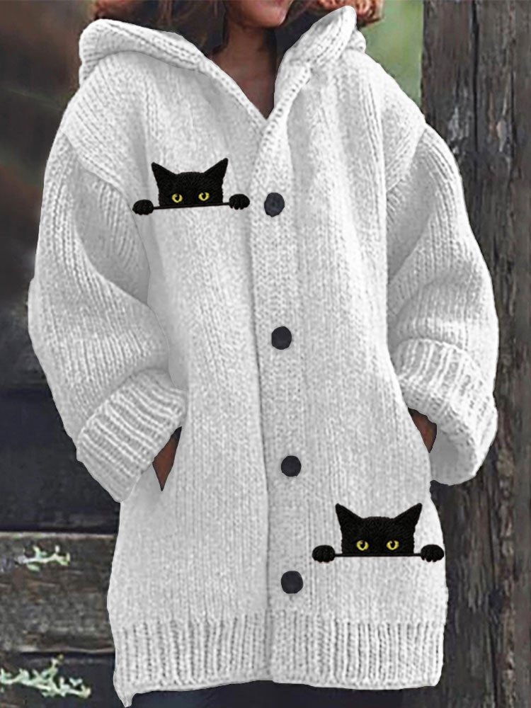 Women's Casual Funny Black Cat Print Hood Sweater artswardrobe