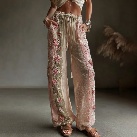 Women's Retro Floral Art Casual Linen Pants elevenforest