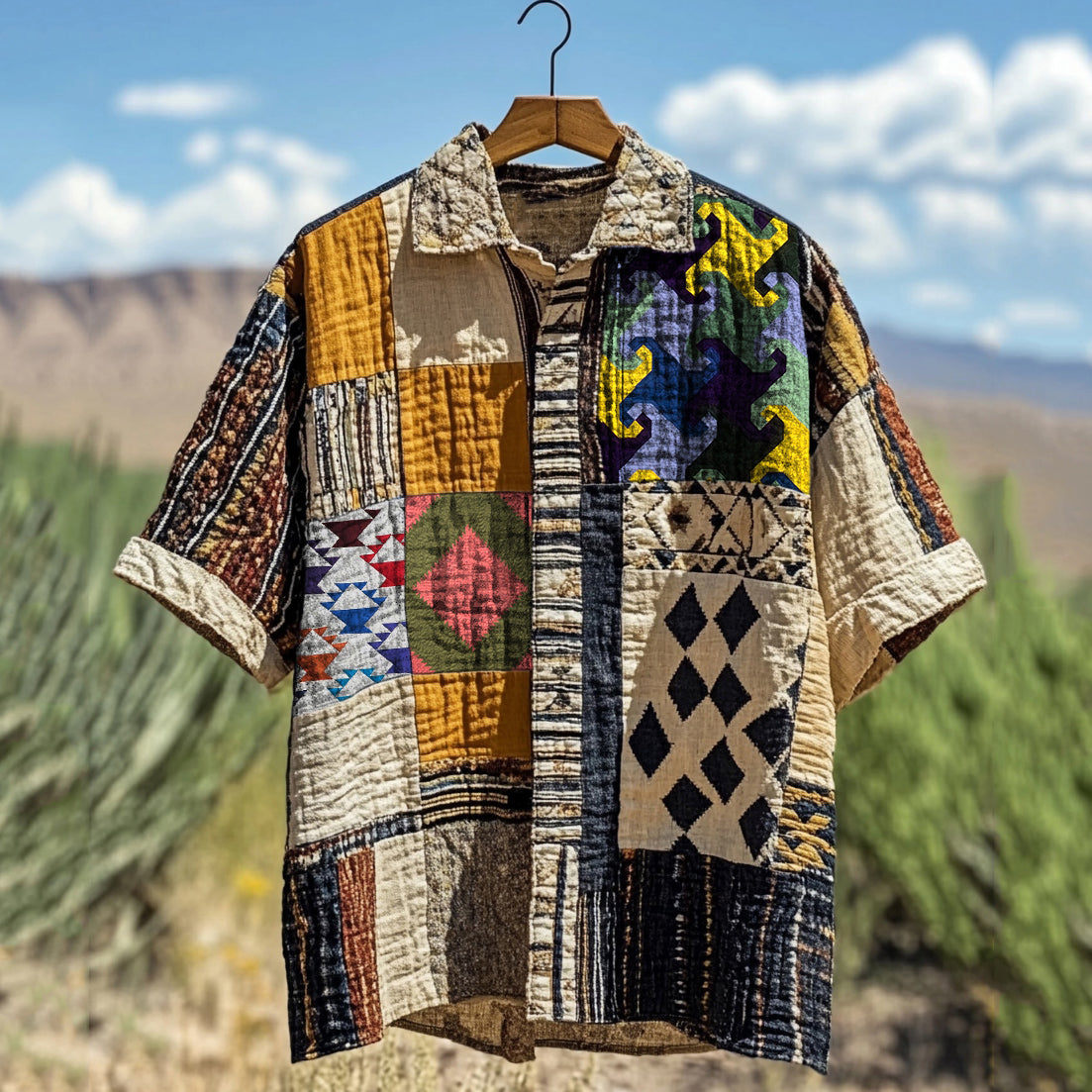 Men's Vintage Amish Quilted Wave Linen Shirt elevenforest