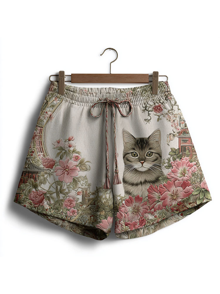 Women's Casual Japanese Art Cat Print Short Pants elevenforest