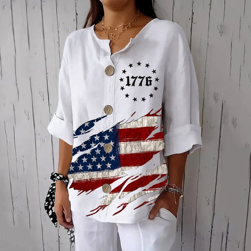 Women's Independence Day Flag Print Button Linen Blend Shirt elevenforest