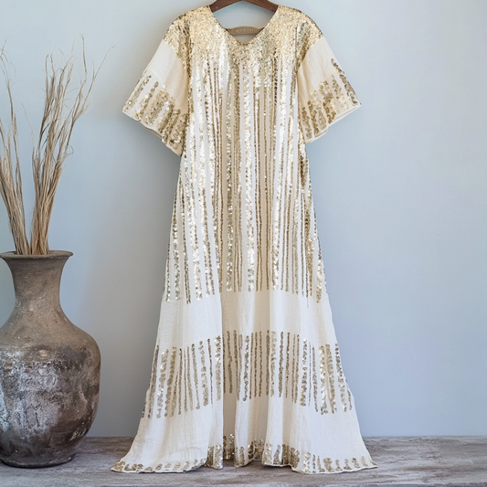 Women's Gold Sequin Striped Casual Linen Dress elevenforest