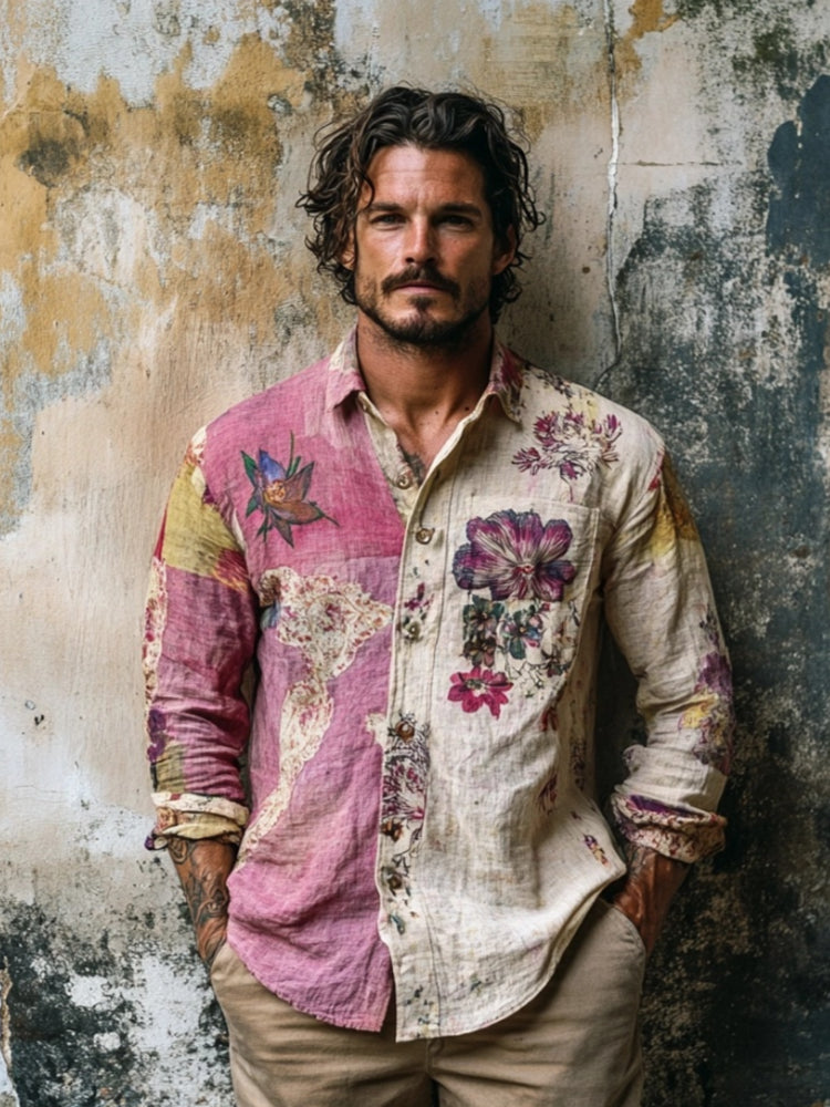 Boho Floral Art Vintage Men's Linen Shirt elevenforest