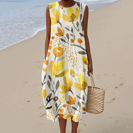 Yellow Field Flowers Pattern Linen Midi Dress elevenforest