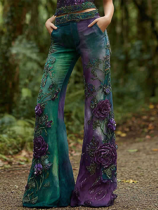 Women's Rose Embroidered Gradient Pattern Straight Flare Denim Pants elevenforest