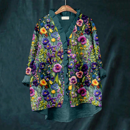 Comstylish Elegant Violet Wildflower Embroidery Art Ruffle Trim Linen Blouse