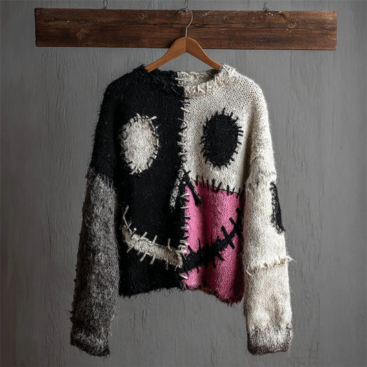 Halloween Spook Faces Colorblock Stitched Cozy Fuzzy Sweater artswardrobe