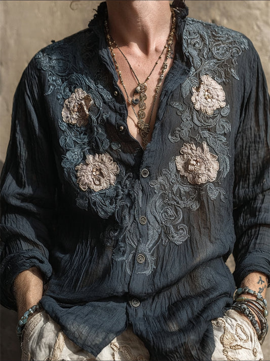 Men's Vintage Floral Embroidered Linen Shirt elevenforest