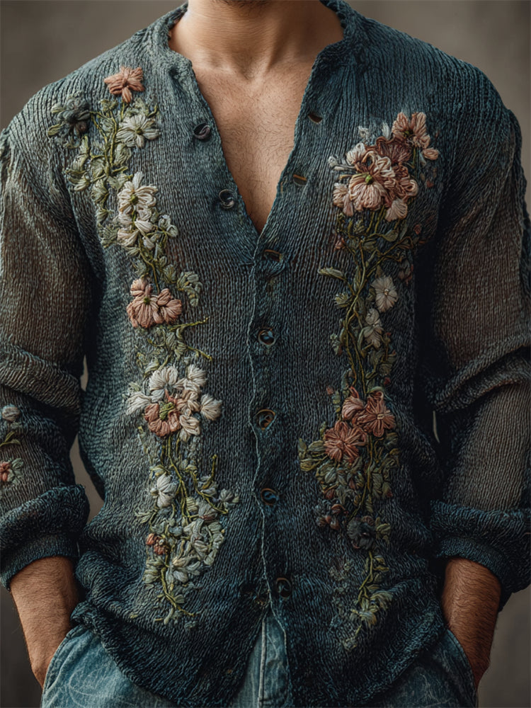 Men's Boho Floral Embroidered Comfy Knit Cardigan elevenforest